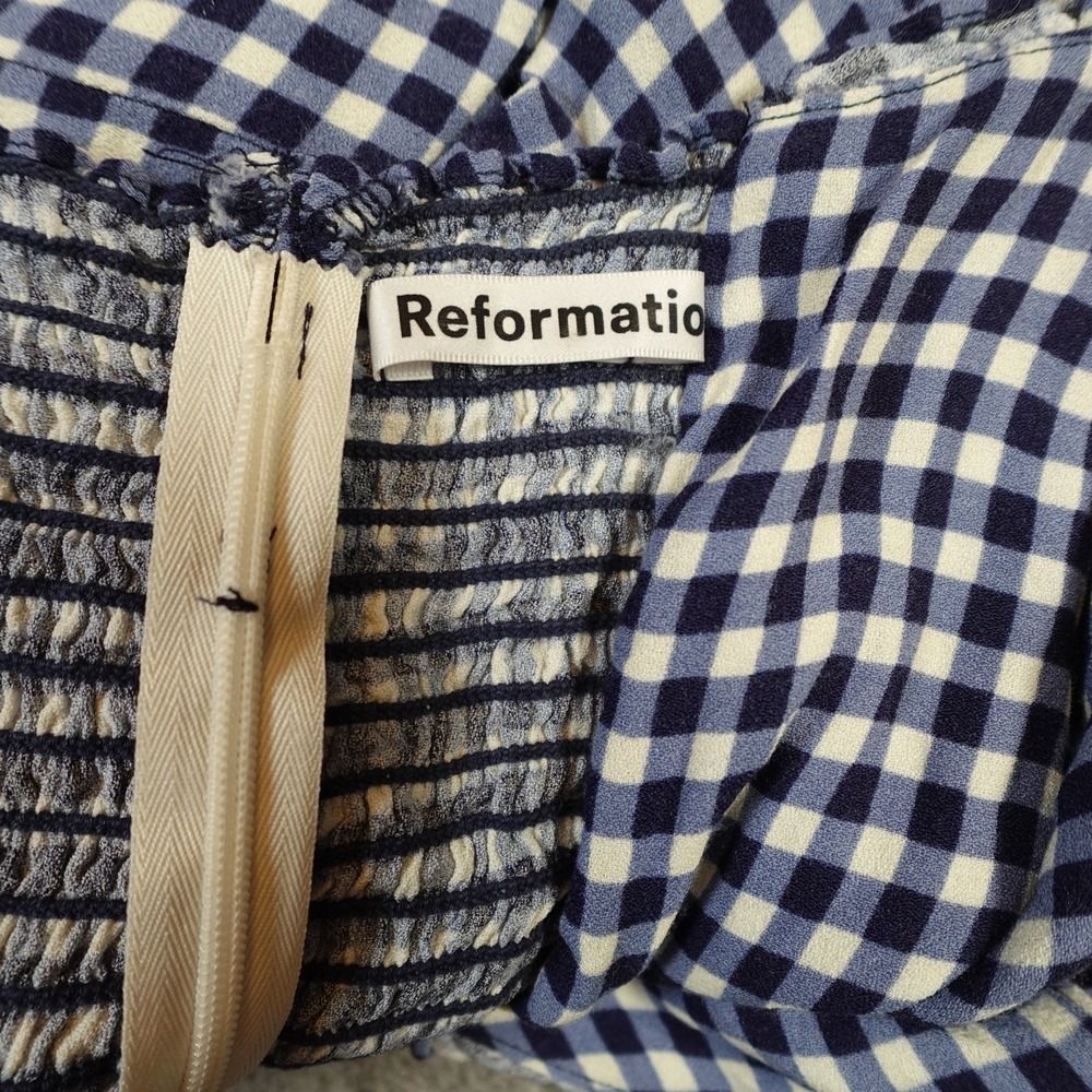 Reformation Top Womens 2 Havana Gingham Check Navy White Ruffle Strap Sweetheart - Picture 5 of 7
